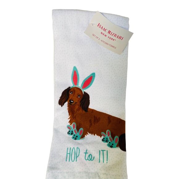 NWT Easter Bunny Dachshund Puppy Dog in Bunny Ears & Slippers Kitchen Towel Set - Picture 3 of 3